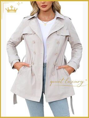 Classic Double-Breasted Trench Coat with Belted Waist, Slim Fit for Spring